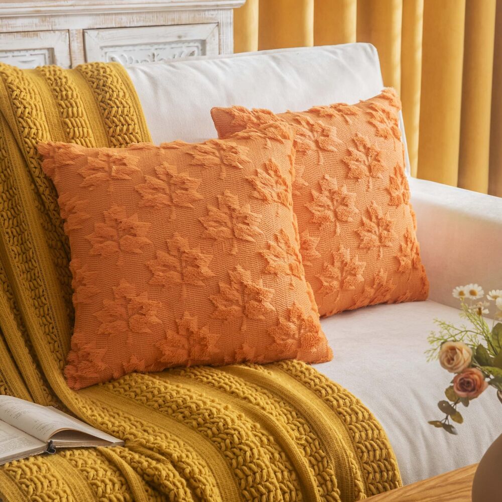 8336 Maple Leaf Fall Throw Pillow Covers 18"x18" Set of 2, Orange Farmhouse